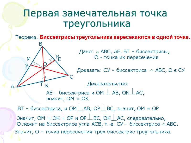 Первая замечательная точка  треугольника Теорема. Биссектрисы треугольника пересекаются в одной точке. Доказательство: Значит,